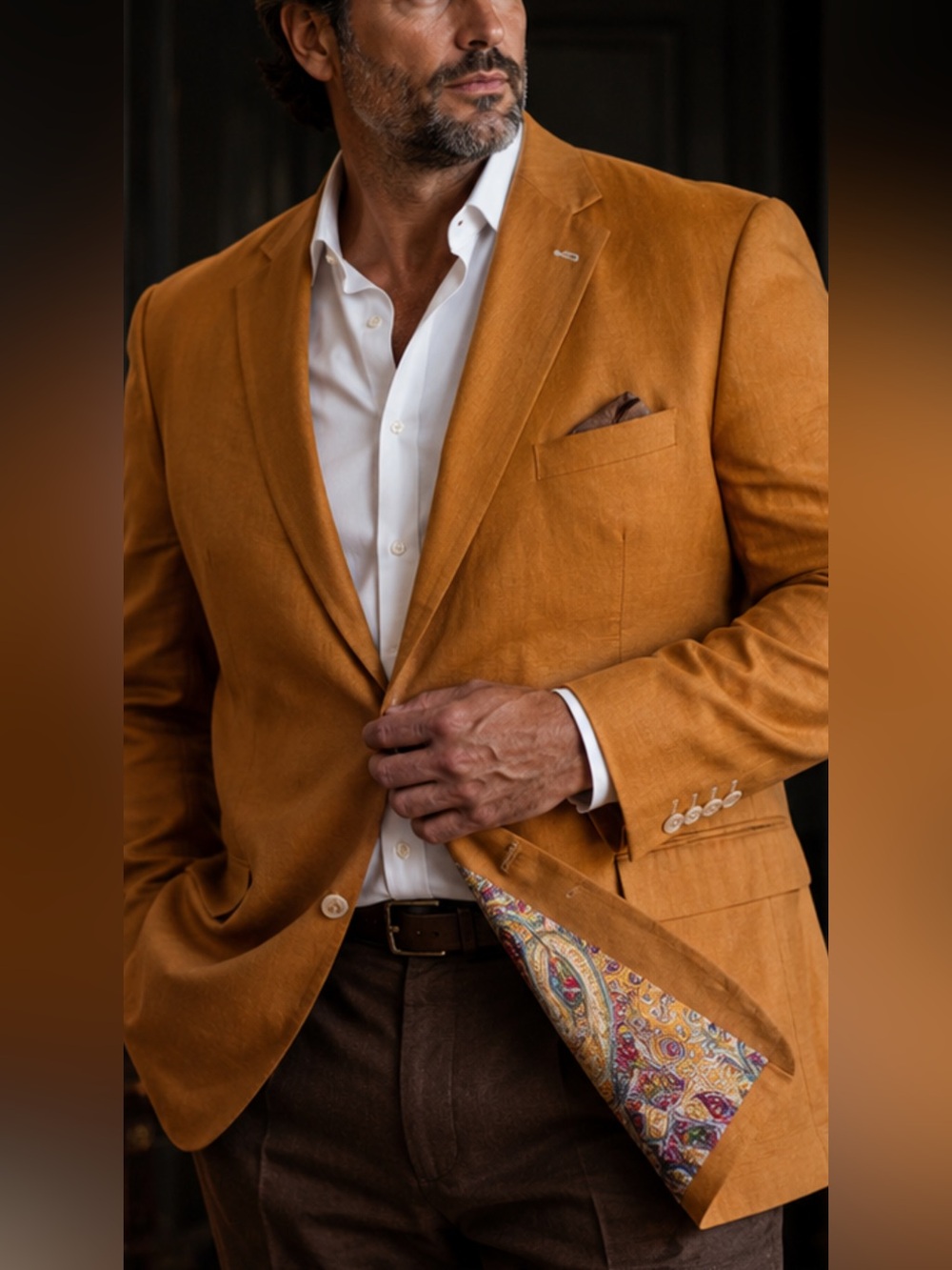 Linea Uomo 58R Linen Blend Sport Coat Blazer Mustard Paisley Lined